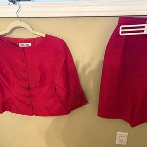 Pure silk red skirt suit set with details